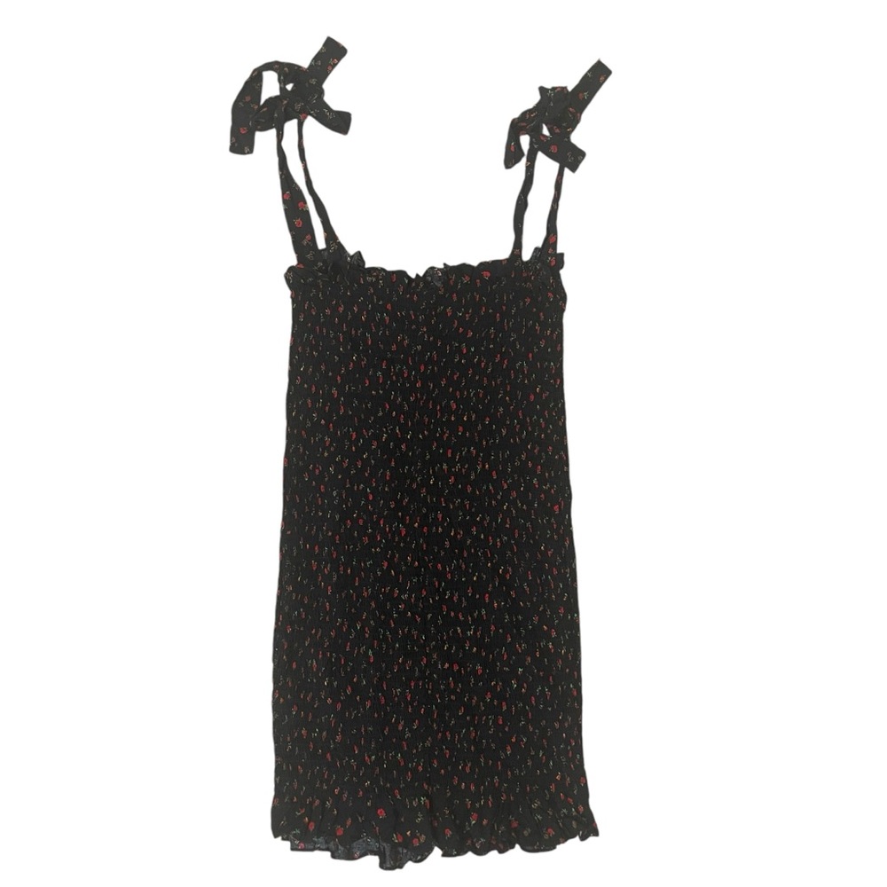 Free People Bella Black Floral Print Smocked Tie-Strap Bodycon Mini Dress NWT - Picture 4 of 9